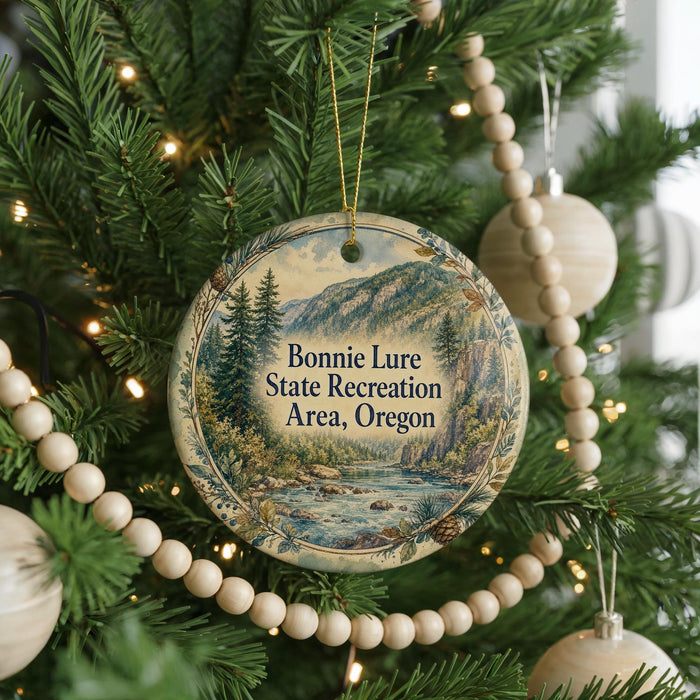 A round ornament hanging on a Christmas tree, featuring a scenic landscape with a river and mountains.