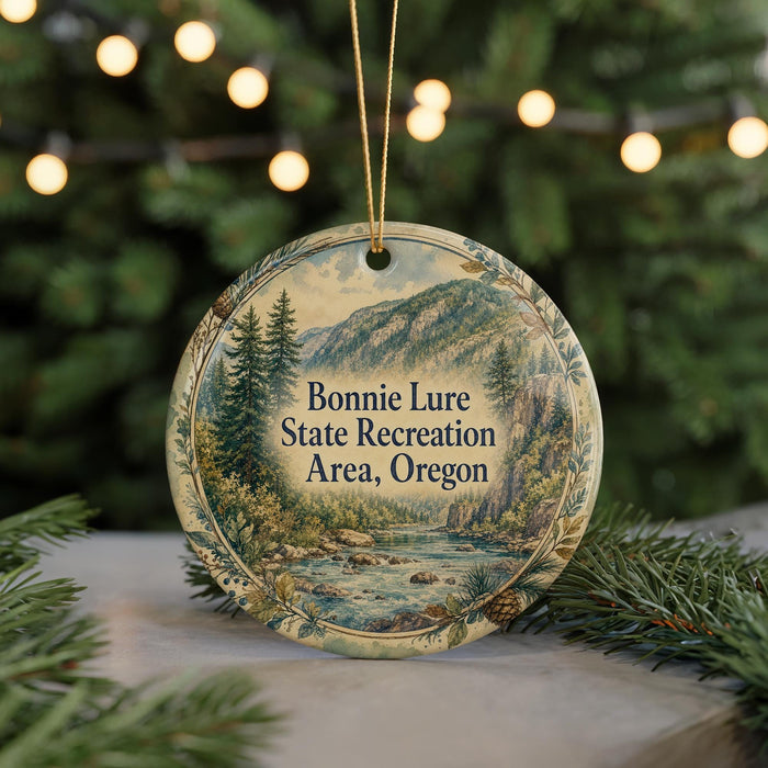 A round ornament with a scenic mountain landscape and text that reads "Bonnie Lure State Recreation Area, Oregon".