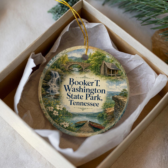 A decorative ornament in a box, featuring a scenic image of Booker T. Washington State Park, Tennessee.