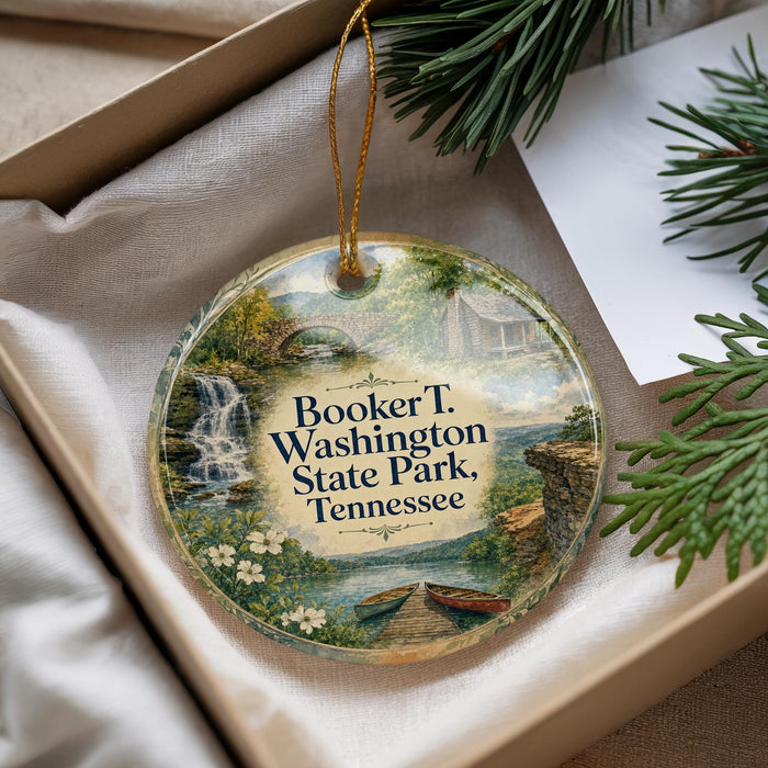 A decorative ornament with a scenic landscape of Booker T. Washington State Park, Tennessee, featuring a waterfall, a bridge, and pine trees.