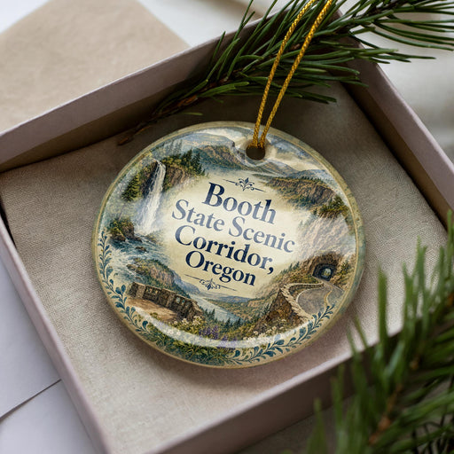 A decorative ornament in a box, featuring a scenic landscape with mountains, waterfalls, and greenery.