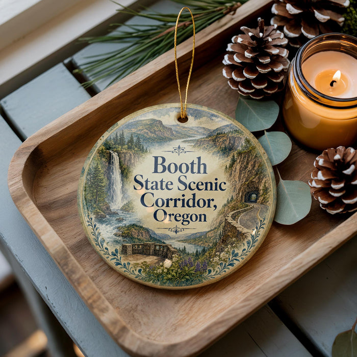 A wooden tray with a decorative ornament featuring a scenic image of the Booth State Scenic Corridor, Oregon, along with pine cones and a lit candle.