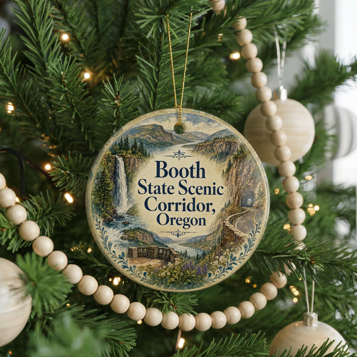 A round ornament hanging on a Christmas tree, featuring a scenic image of the Booth State Scenic Corridor, Oregon.