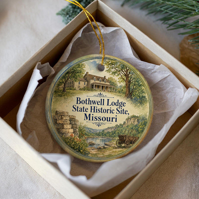 A round ornament with a painting of a historic lodge and a wagon, placed in a box with a white tissue paper lining.