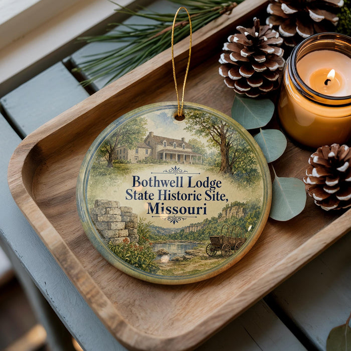 A wooden tray with a decorative ornament featuring a scenic landscape and a house, along with pine cones and a lit candle.