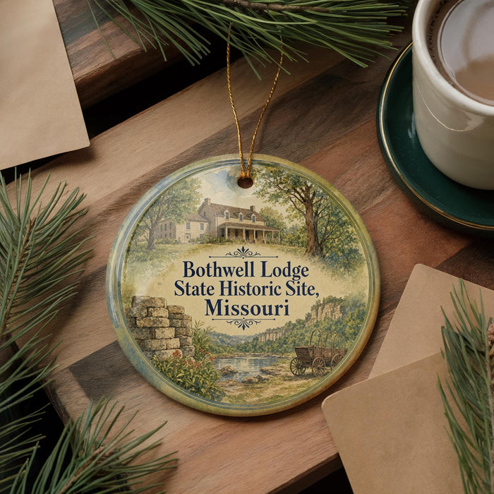 A round ornament with a painting of a lodge and a river, surrounded by pine branches and a cup of coffee on a wooden surface.