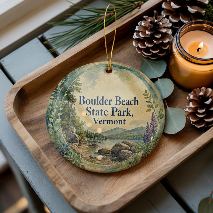 A wooden tray with a decorative ornament featuring a scenic landscape of Boulder Beach State Park, Vermont, and pine cones.