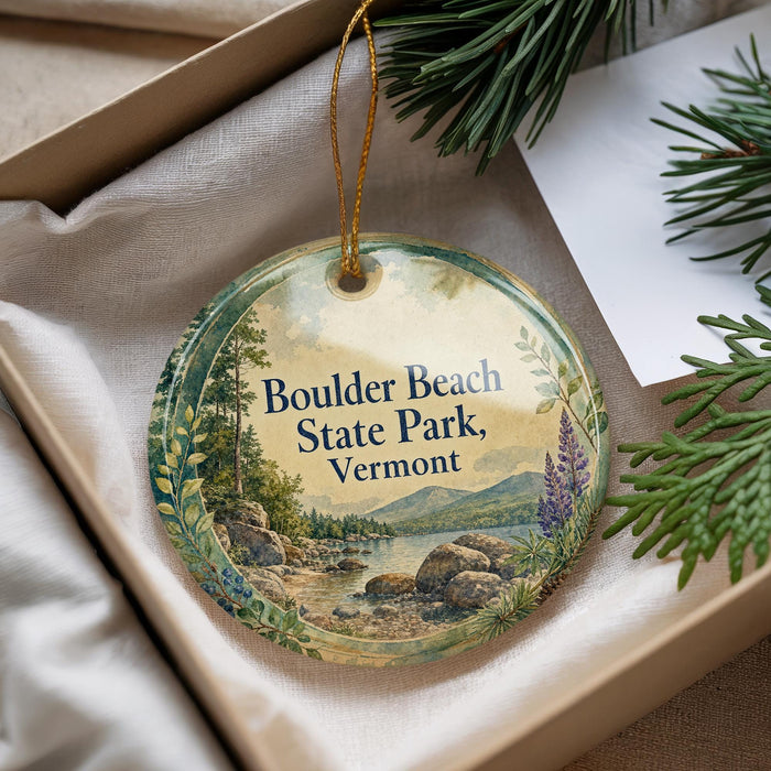 A decorative ornament with a scenic landscape of Boulder Beach State Park, Vermont, featuring a lake, mountains, and pine trees.