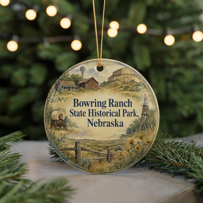 A round ornament with a painting of a rural scene, featuring a windmill, a wagon, and a farmhouse, hanging from a string.
