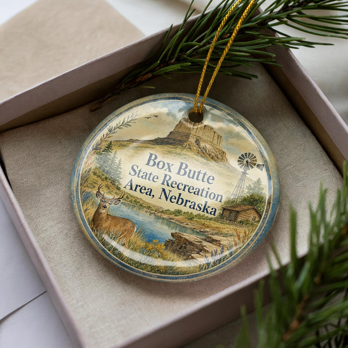 A decorative ornament with a landscape scene featuring a deer, a windmill, and a mountain, placed in a box with pine branches.