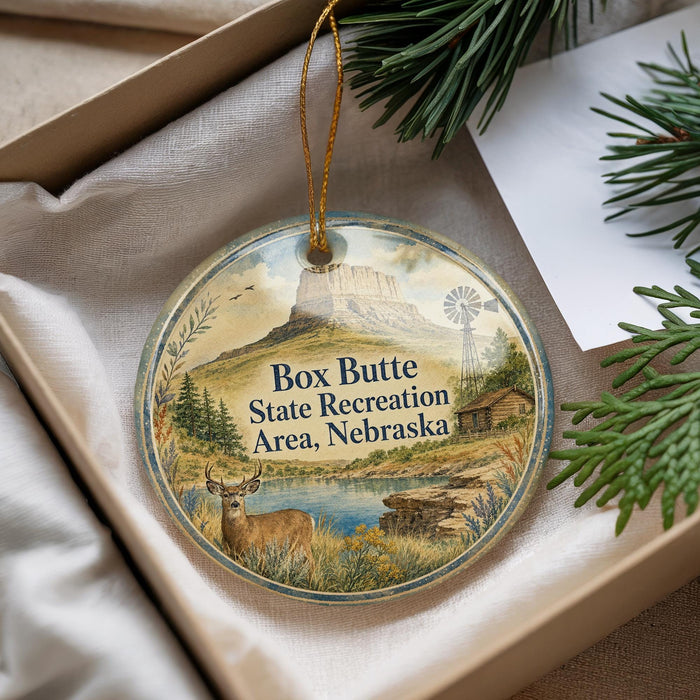 A decorative ornament with a scenic landscape featuring a mountain, windmill, and deer, placed in a box with pine branches.