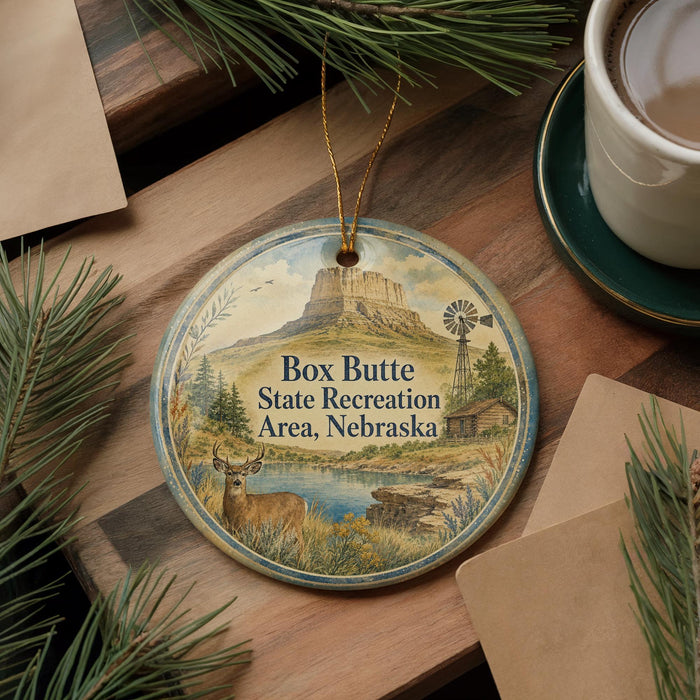 A decorative ornament featuring a scenic landscape with a mountain, windmill, and deer, along with the text "Box Butte State Recreation Area, Nebraska".