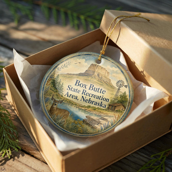 A wooden box containing a decorative ornament with a landscape scene and text that reads "Box Butte State Recreation Area, Nebraska".