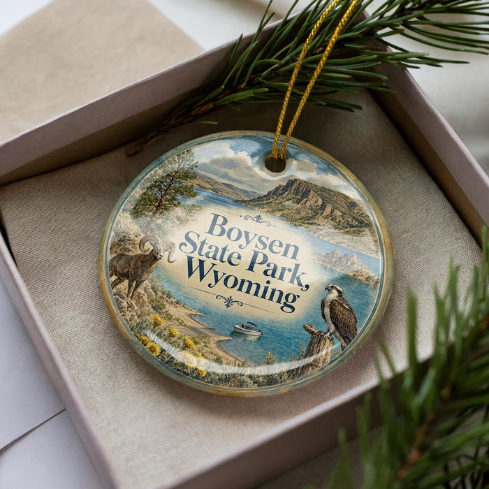 A decorative ornament in a box, featuring a scenic landscape with mountains, a lake, and wildlife, including a bird and a deer.
