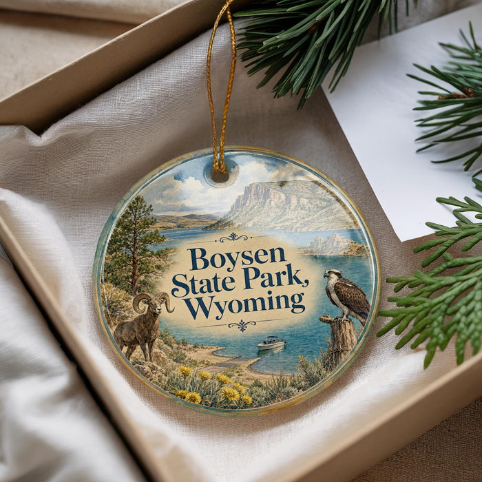 A decorative ornament with a scenic image of Boysen State Park, Wyoming, featuring a bird, a deer, and a mountain landscape.
