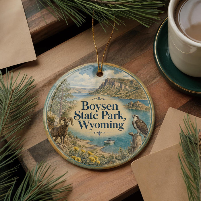 A decorative ornament featuring a scenic landscape of Boysen State Park in Wyoming, with a bird perched on a tree branch and a body of water in the background.