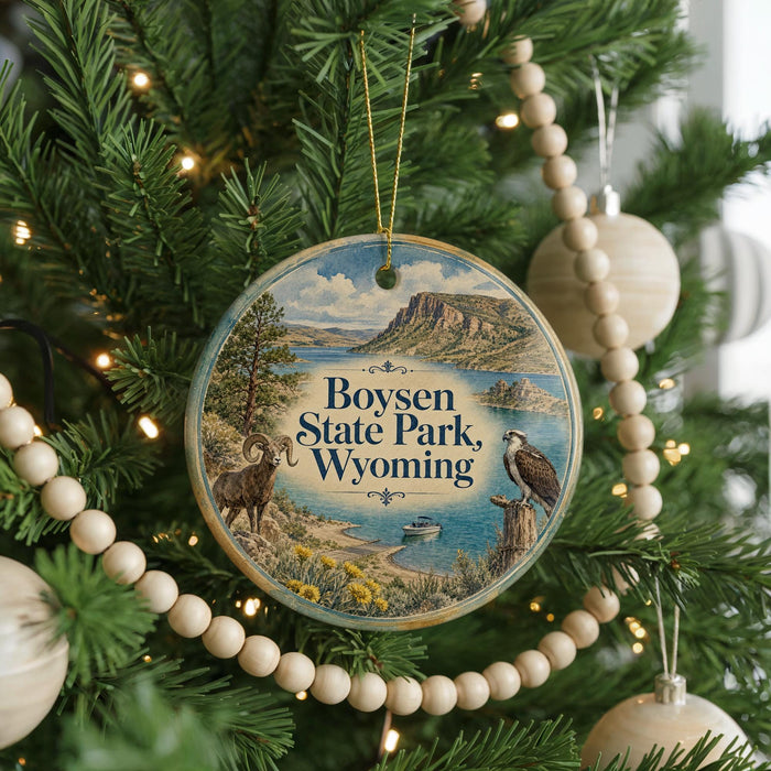A round ornament hanging on a Christmas tree, featuring a scenic landscape with mountains, a lake, and wildlife.