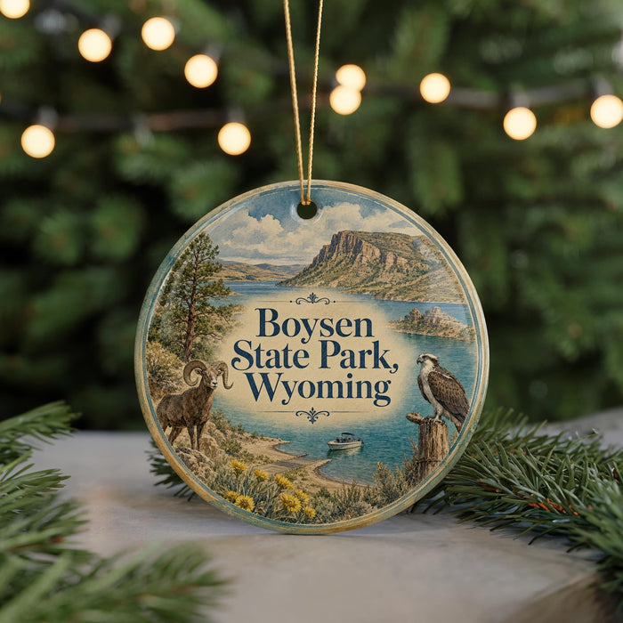 A round ornament with a scenic illustration of Boysen State Park in Wyoming, featuring a mountain landscape, a river, and wildlife.