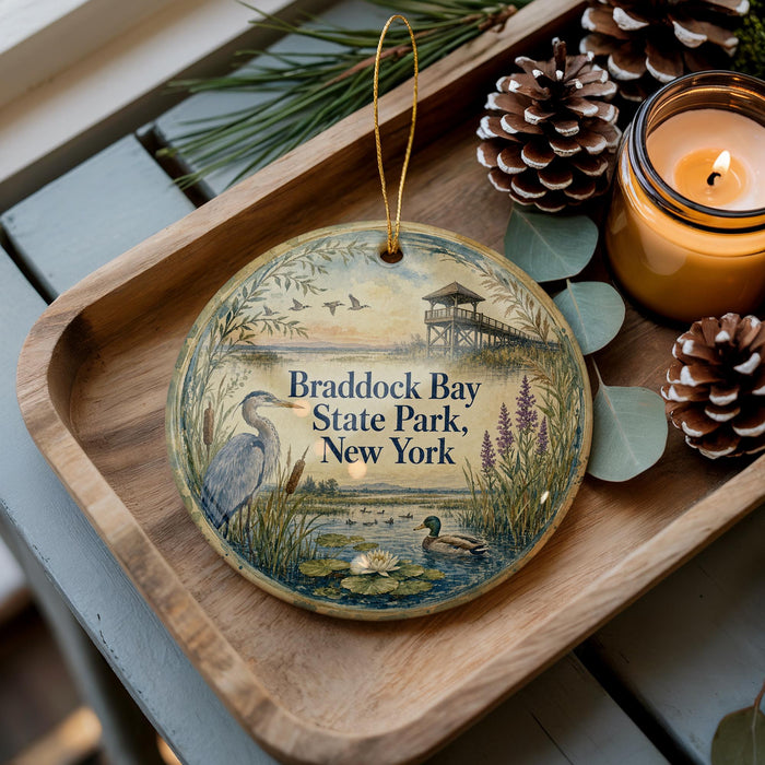 A decorative ornament with a bird and water lily design, placed on a wooden tray next to pine cones and a lit candle.