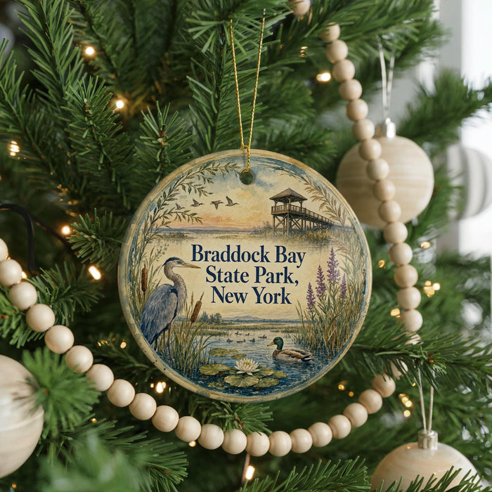 A round ornament hanging on a Christmas tree, featuring a bird and a pond scene with a bridge in the background.