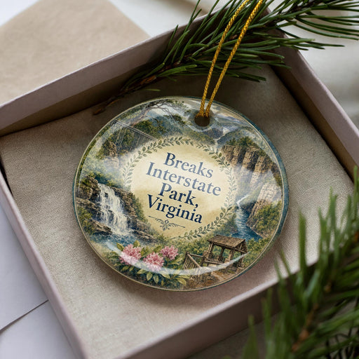 A decorative ornament in a box, featuring a scenic landscape with a waterfall and pine trees.