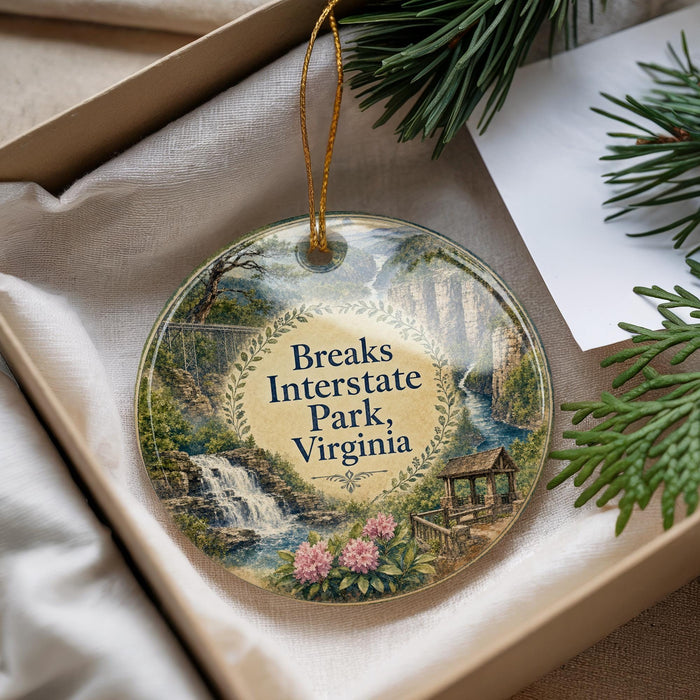 A decorative ornament with a scenic image of a waterfall and a bridge, surrounded by greenery, placed in a box with pine branches.