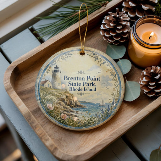 A decorative ornament featuring a lighthouse and coastal scenery, placed on a wooden tray alongside pine cones and a lit candle.