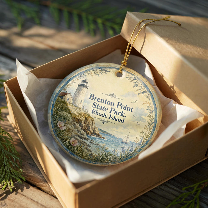 A round ornament in a box, featuring a lighthouse and a coastal scene, with the text "Briston Point State Park, Rhode Island" printed on it.