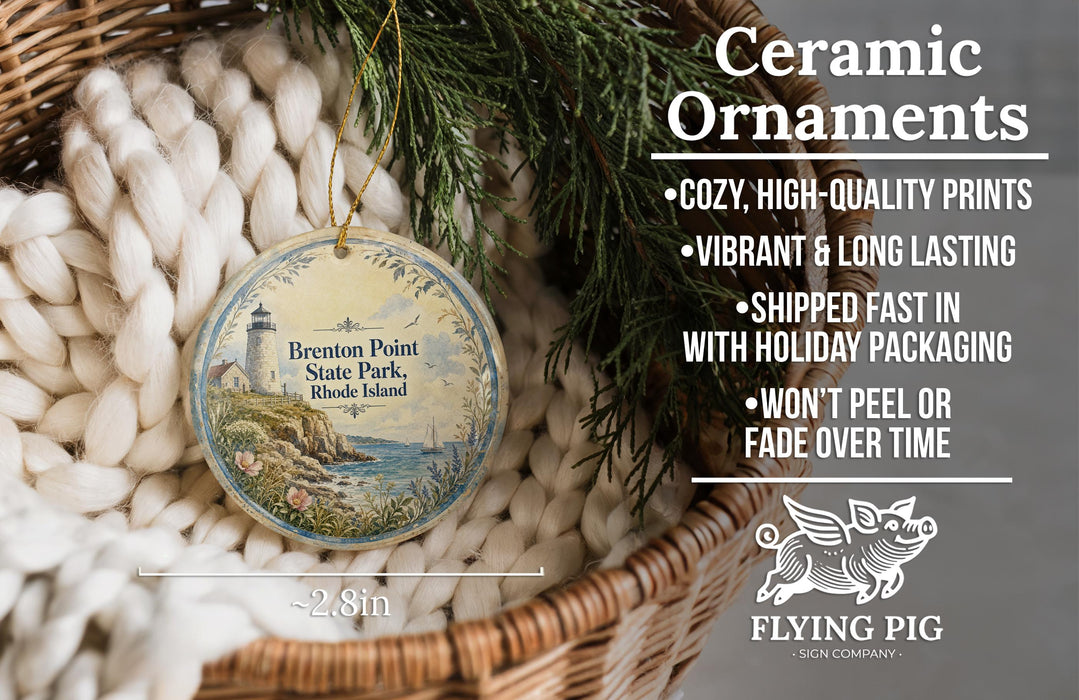 Ceramic ornaments, featuring a lighthouse and a coastal scene, are displayed in a woven basket.
