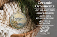 Ceramic ornaments, featuring a lighthouse and a coastal scene, are displayed in a woven basket.