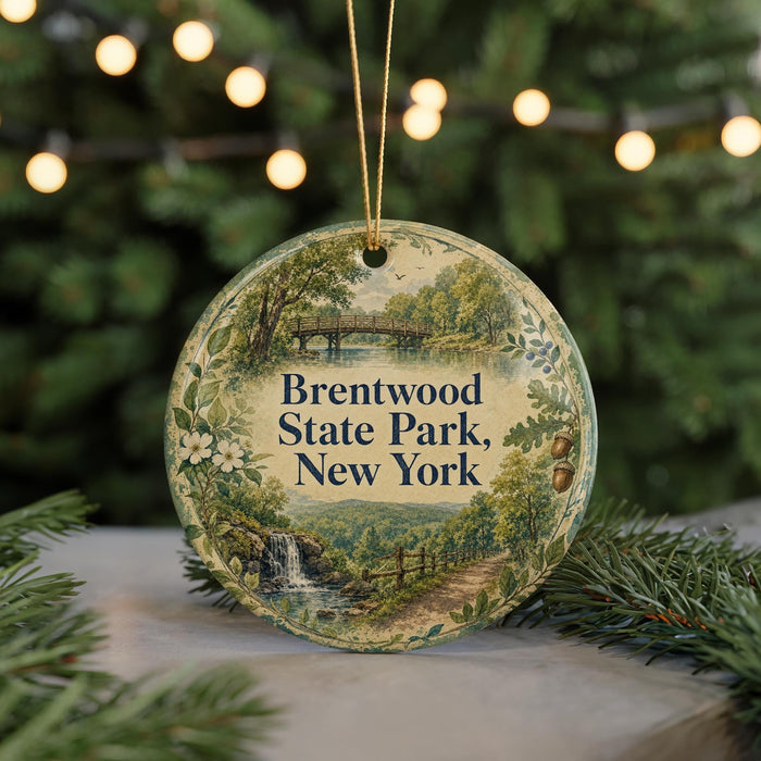 A round ornament with a scenic image of Brentwood State Park, New York, hanging from a string.