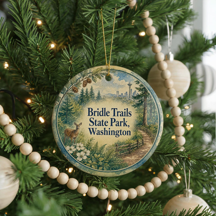 A round ornament hanging on a Christmas tree, featuring a scenic image of a deer in a forest and the text "Bridle Trails State Park, Washington".