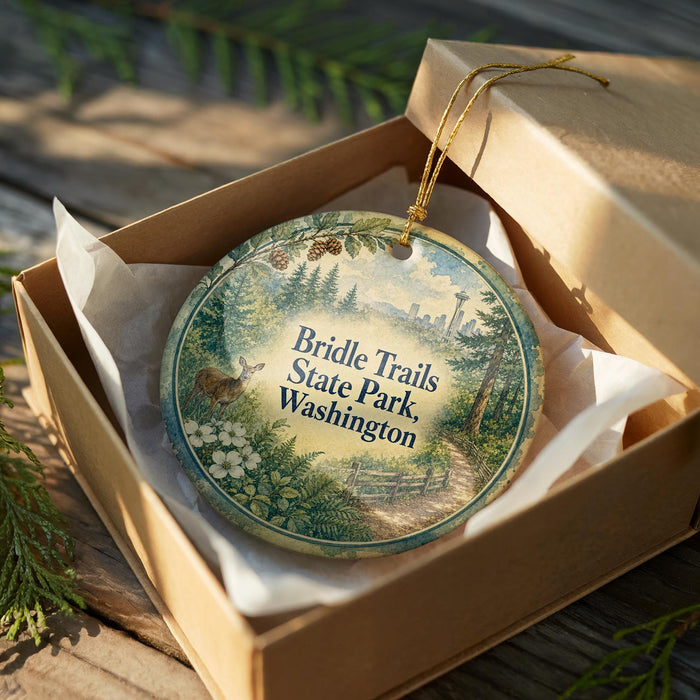 A round ornament in a wooden box, featuring a scenic image of a forest and a path, with the text "Bridle Trails State Park Washington" printed on it.