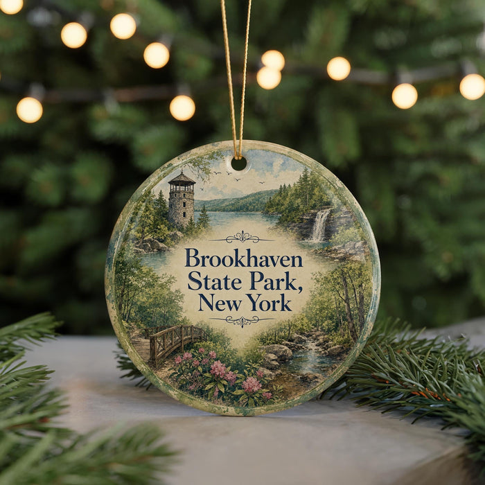 A circular ornament featuring a scenic landscape with a tower, a waterfall, and a bridge, with the text "Brookhaven State Park, New York" prominently displayed.