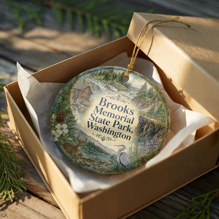 A decorative ornament in a wooden box, featuring a scenic landscape with a river, trees, and wildlife.
