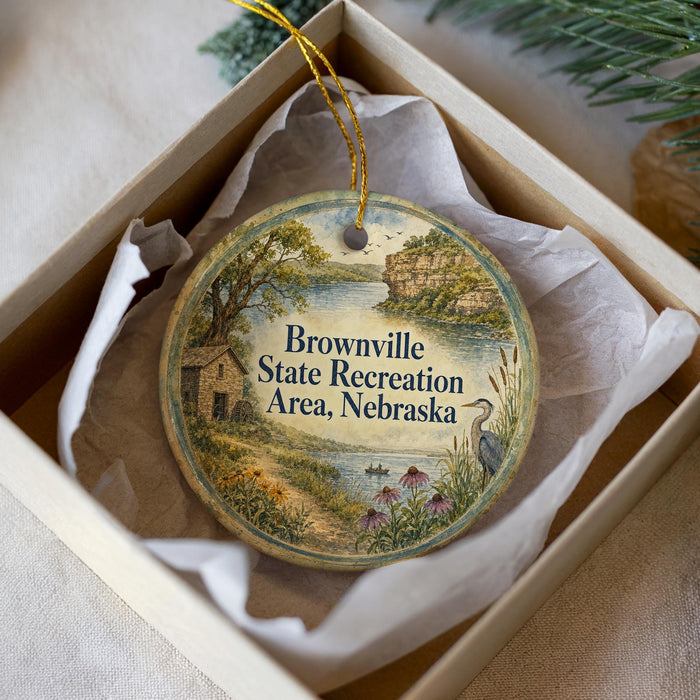 A decorative ornament in a box, featuring a scenic landscape with a river, trees, and a bird.