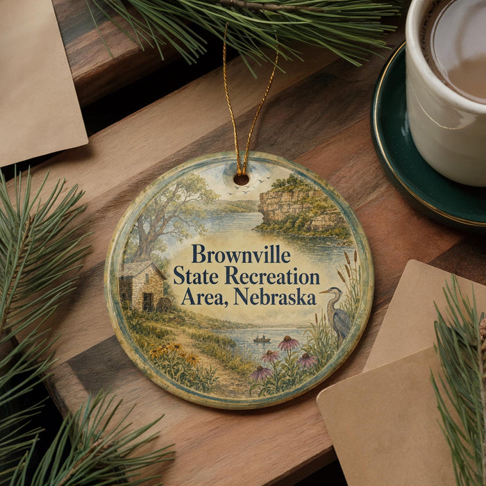 A round ornament with a scenic landscape and text, hanging on a wooden surface next to a cup of coffee and pine branches.