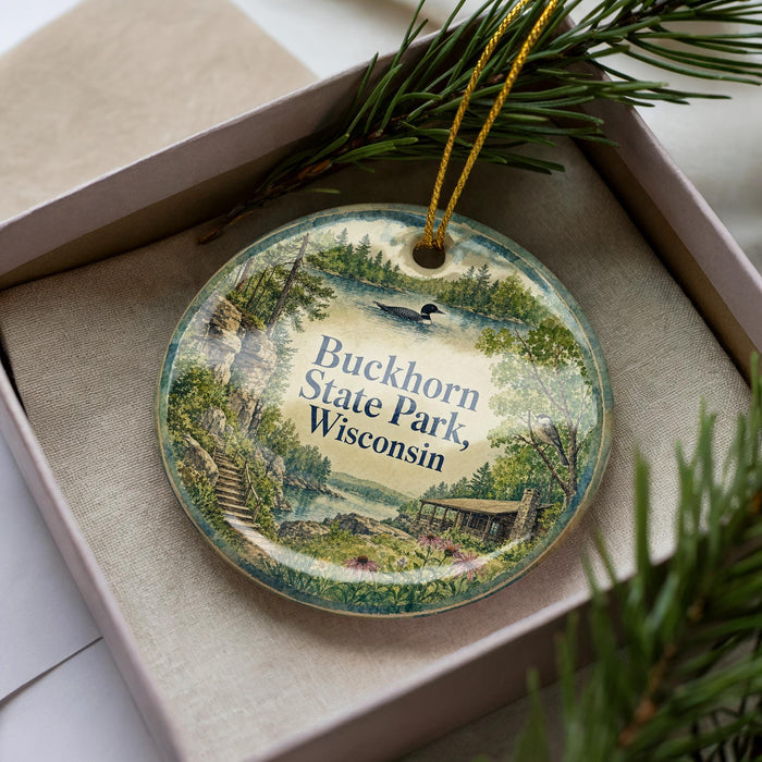 A decorative ornament in a box, featuring a scenic landscape with a lake, trees, and a bird, along with the text "Buckhorn State Park, Wisconsin".