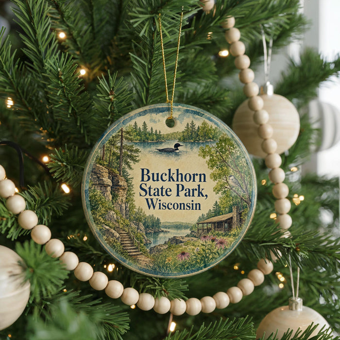 A round ornament hanging on a Christmas tree, featuring a scenic landscape with a lake and mountains.