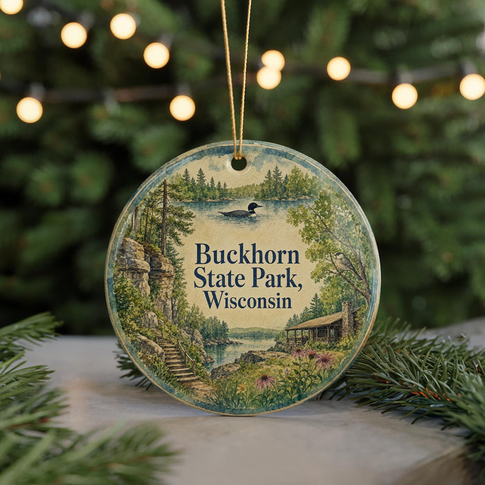 A round ornament with a scenic landscape of Buckhorn State Park, Wisconsin, featuring a lake, forest, and cabin.