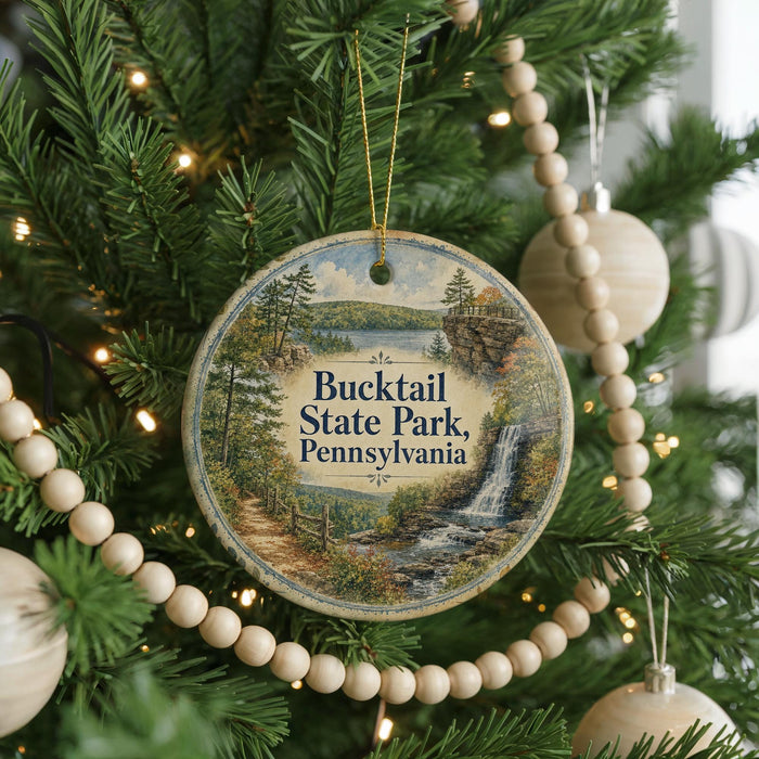 A round ornament hanging on a Christmas tree, featuring a scenic image of Bucktail State Park, Pennsylvania.