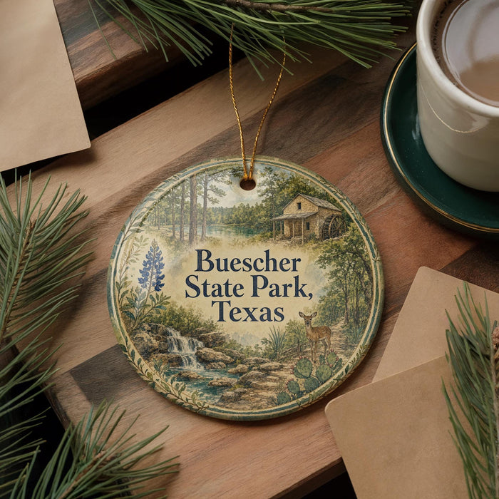 A decorative ornament with the text "Buescher State Park, Texas" is displayed on a wooden surface, surrounded by pine branches and a cup of coffee.