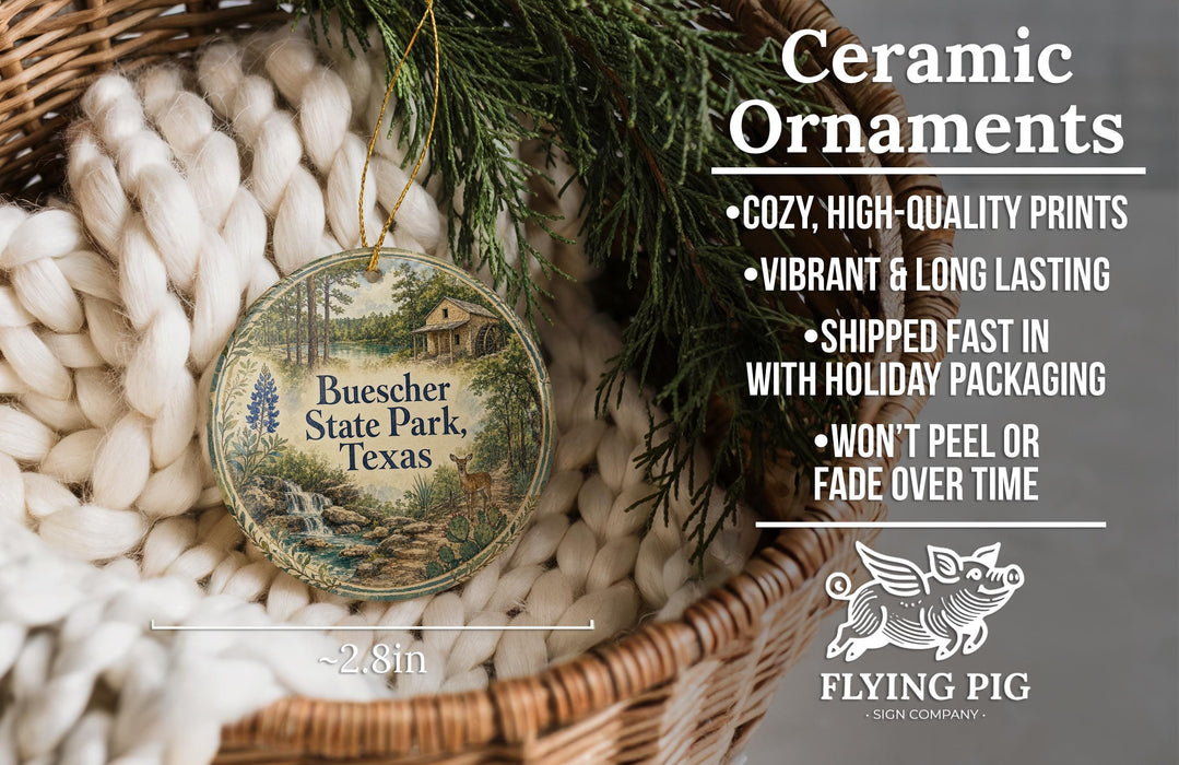 Ceramic ornaments, featuring a Texas-themed design, are displayed in a woven basket.