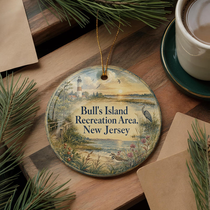 A decorative ornament with a lighthouse and a serene landscape, placed on a wooden surface alongside a cup of coffee and some pine branches.