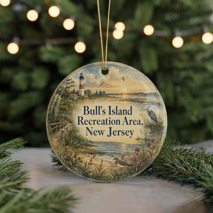 A round ornament with a lighthouse and a scenic landscape, featuring the text "Bull's Island Recreation Area, New Jersey" on it.