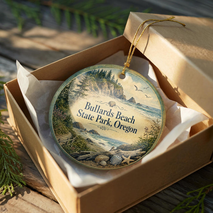A decorative ornament in a wooden box, featuring a scenic landscape with a beach, mountains, and wildlife.