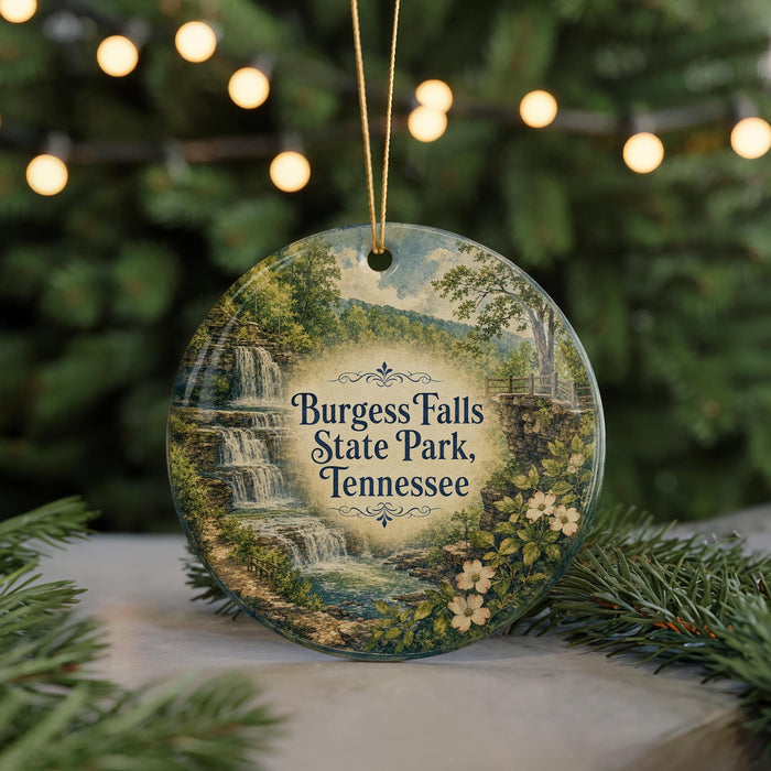 A round ornament with a scenic image of a waterfall and forest, surrounded by greenery, is displayed against a blurred background with twinkling lights.