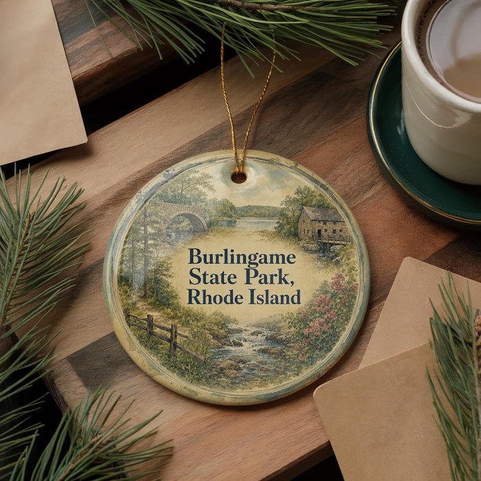 A round ornament with a scenic landscape of burlingame state park, Rhode island, is displayed on a wooden surface alongside a cup of coffee and some pine branches.