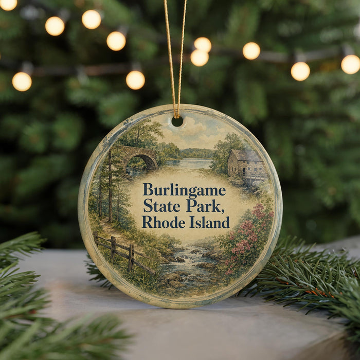 A round ornament with a scenic landscape of a river, bridge, and trees, featuring the text "Burlingame State Park, Rhode Island" on it.