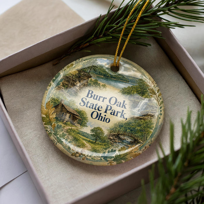A decorative ornament in a box, featuring a scenic landscape with a cabin and trees, with the text "Burr Oak State Park, Ohio" printed on it.